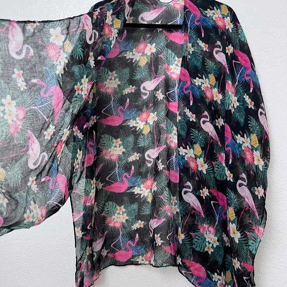 Women Sheer Flamingo Print Kimono Wrap Cover Up OS Open Front Summer Resortwear - Picture 4 of 10